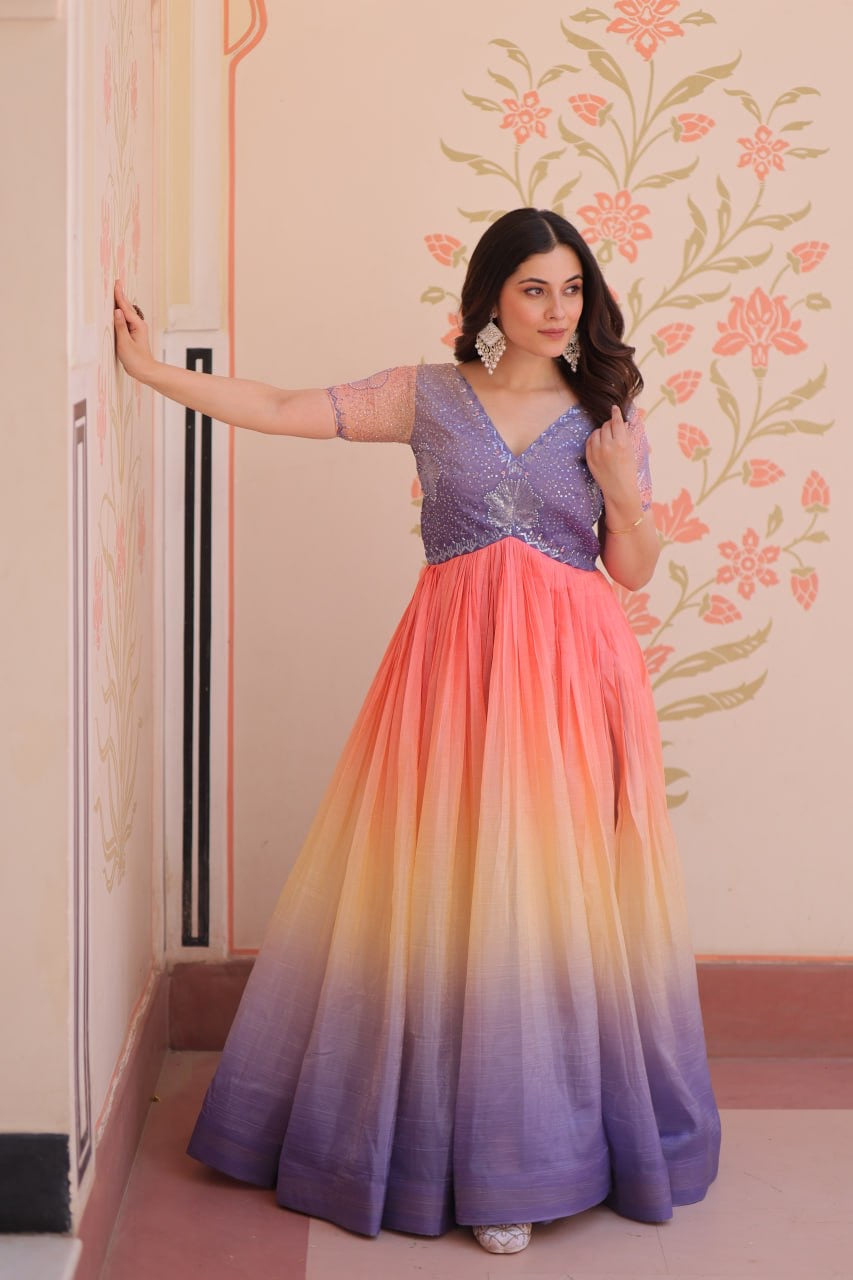 Premium Readymade Designer Gown with Gold Crush Padding & Beads Embroidery