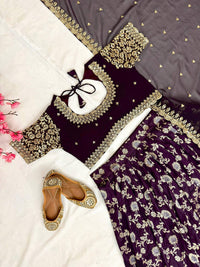 Royal Wine Banarasi Silk Semi Bridal Lehenga Choli with Wide Zari Border