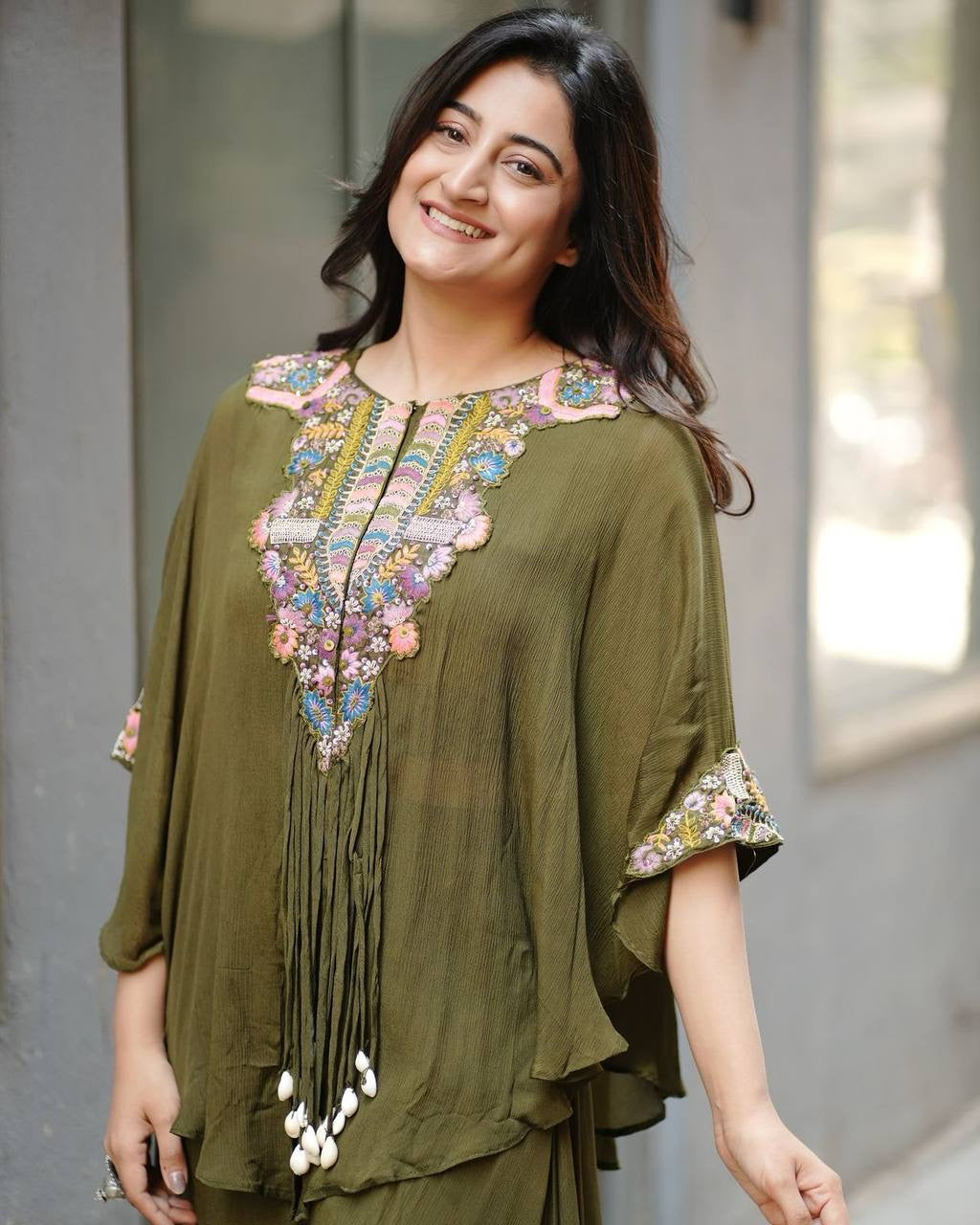 New Trendy Air Tex Chinon Three Piece Indo Western Set with Sequence Embroidery