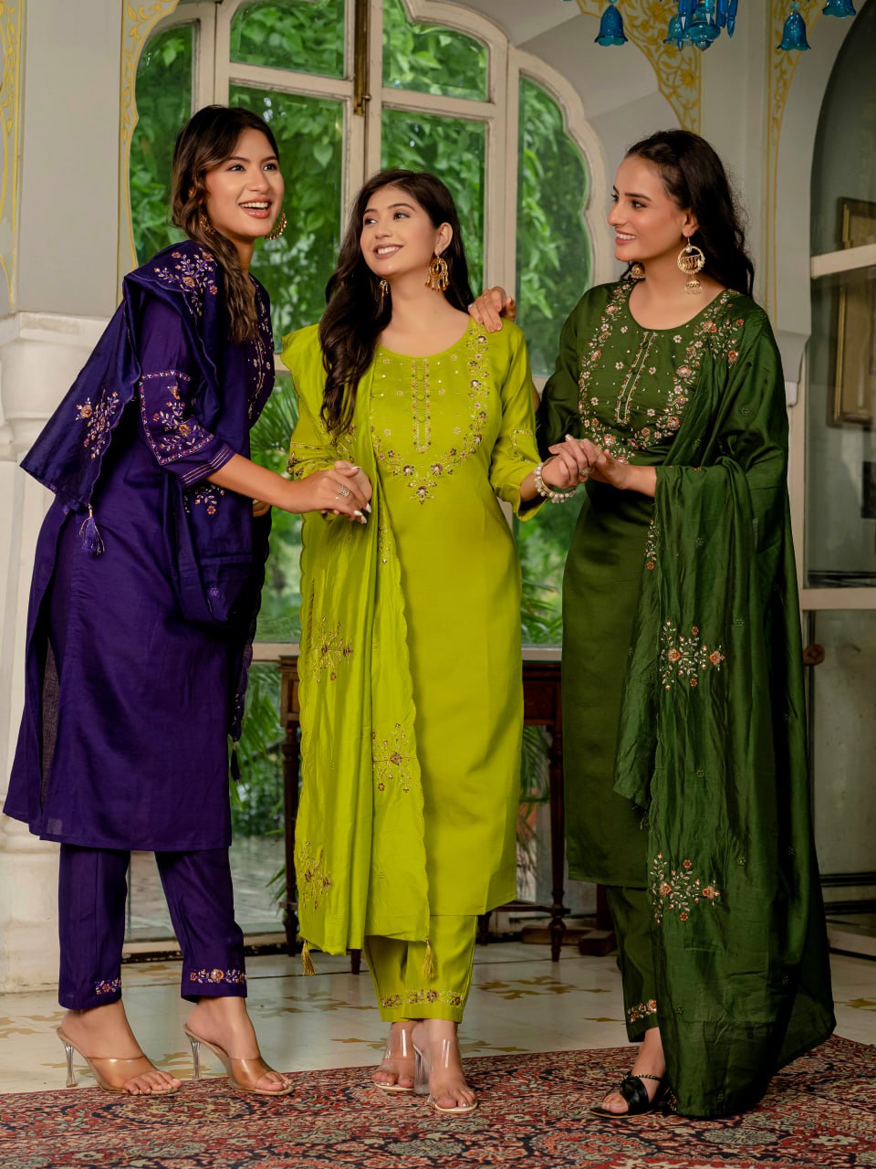 Elegant Marina Silk Straight Kurti Pant Dupatta Set with Multi Embroidery & Hand Work