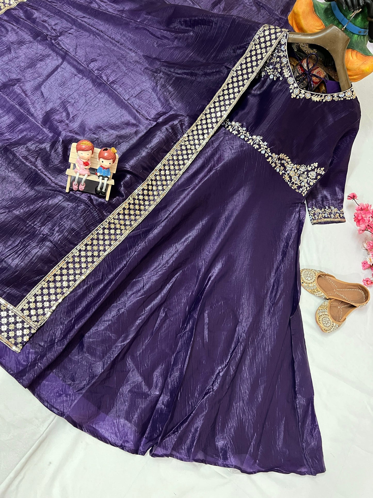 Gold Crushed Silk Gown with Thread & Sequin Embroidery - VF 206