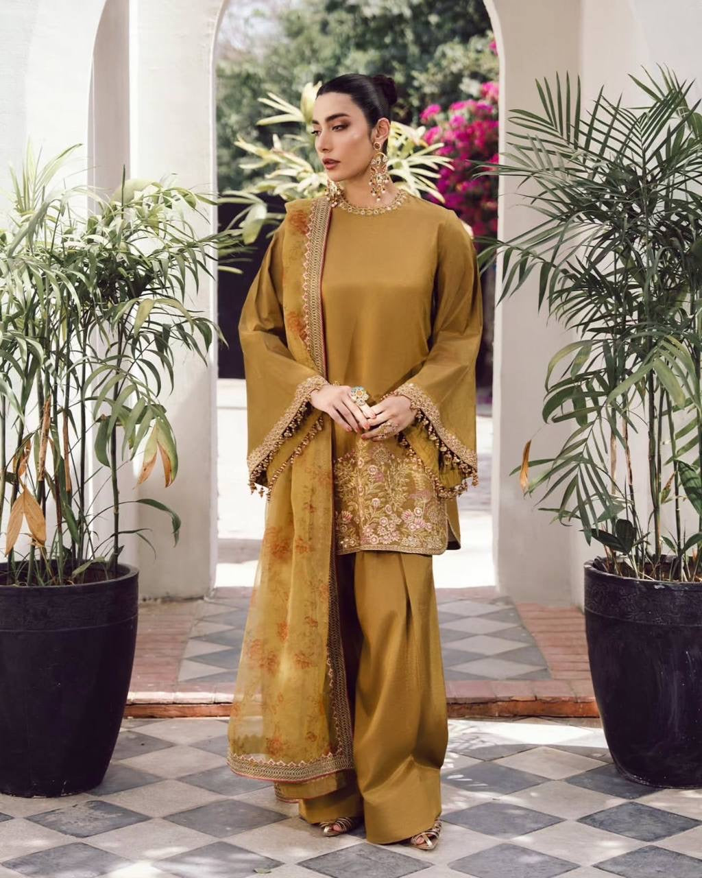 Designer French Crepe Silk kurti-palazzo & Dupatta Set with Embroidery - Ready To Wear