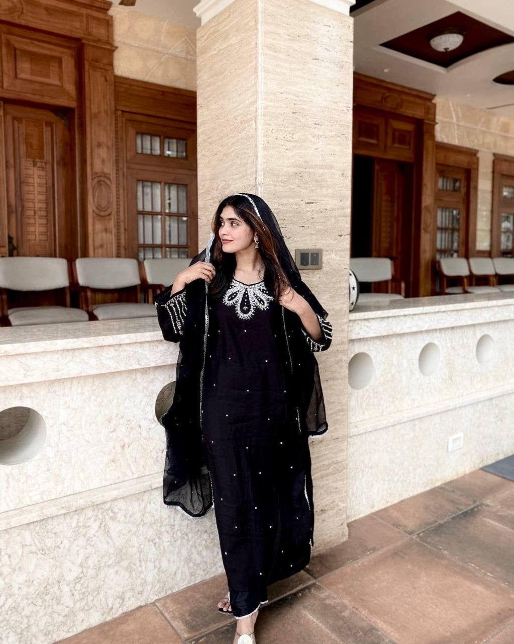 Premium Muslin Cotton Kurti-Pant Set with Sequins Embroidery & Fancy Lace - LC 1311