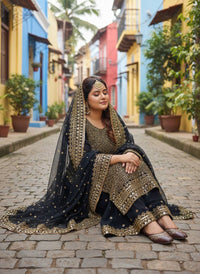 Black Royal Zari & Sequins Embroidered Kurti & Flared Palazzo Set with Elegant Dupatta
