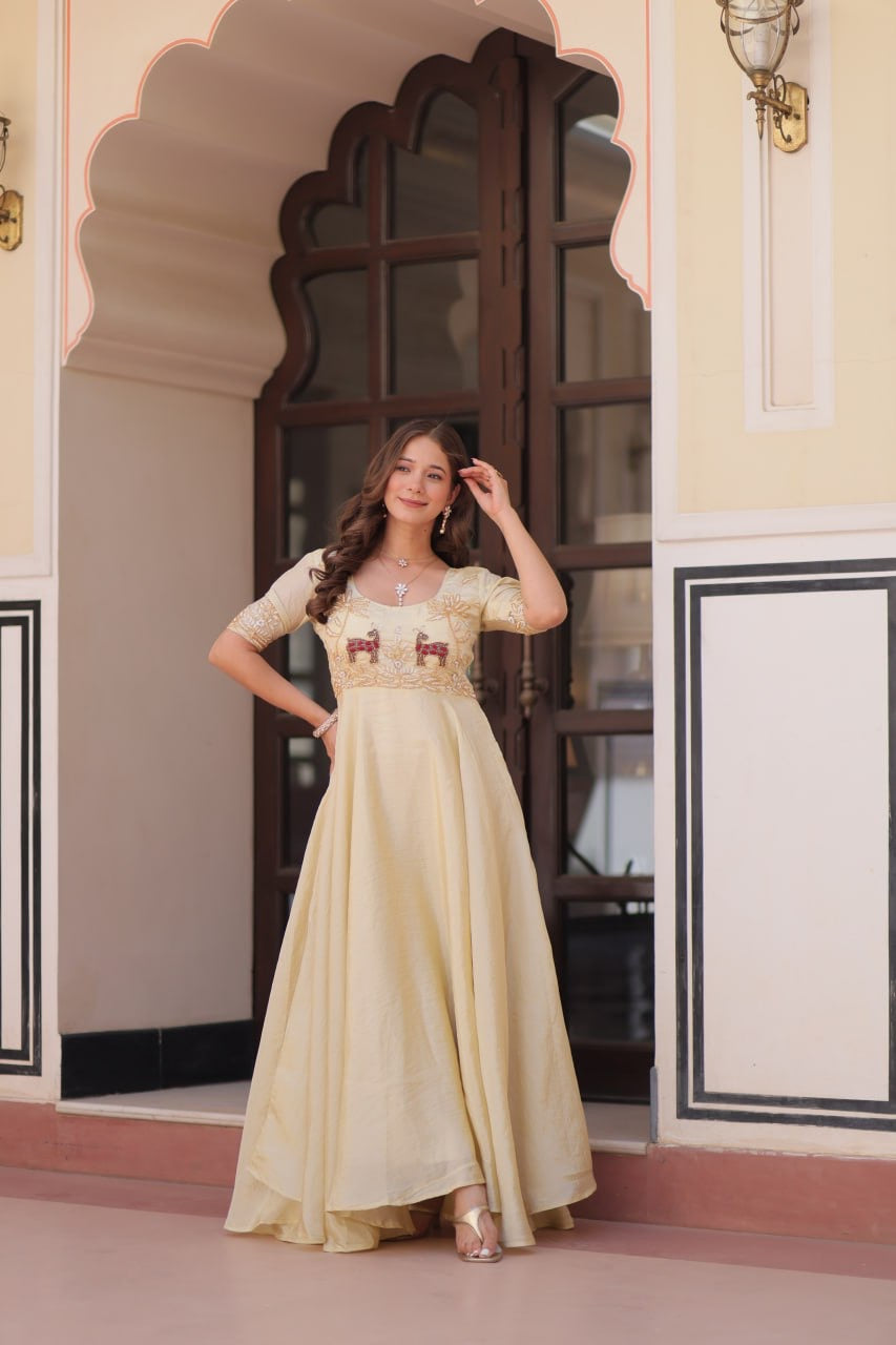 Premium Readymade Designer Gold Crush Gown with Beads Embroidery & Umbrella Flair