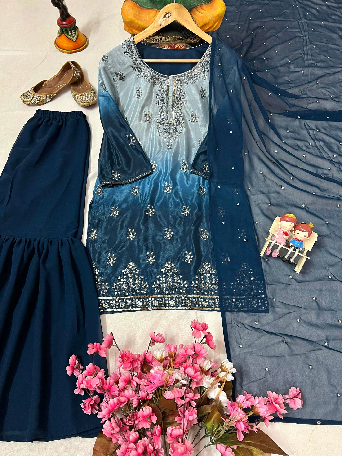 Chinon Silk Kurti & Ruffled Sharara Set with Sequin Embroidery - LC 1370