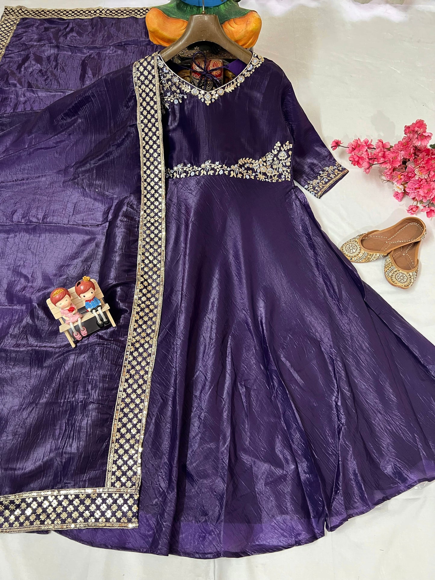 Gold Crushed Silk Gown with Thread & Sequin Embroidery - VF 206
