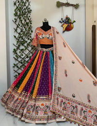 Designer navratri and wedding special lehenga-Choli in soft muslin cotton with digital print, real mirror work and fancy lace work
