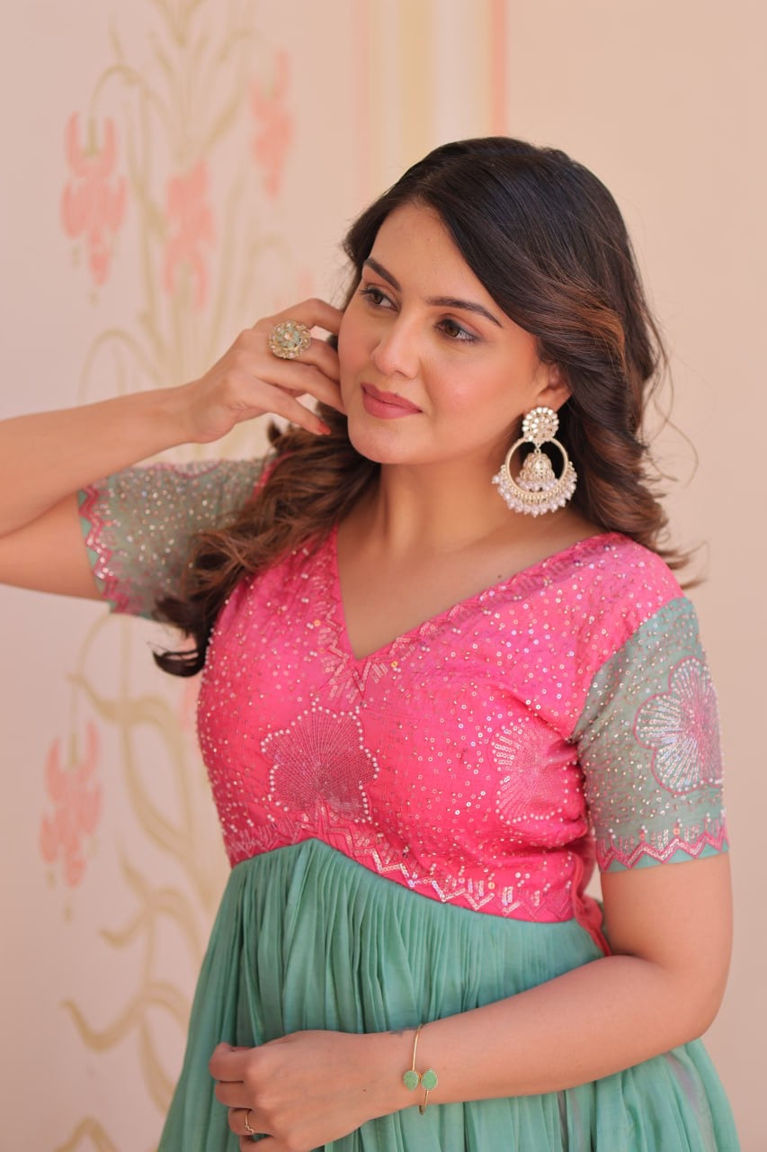 Premium Readymade Designer Gown with Gold Crush Padding & Beads Embroidery