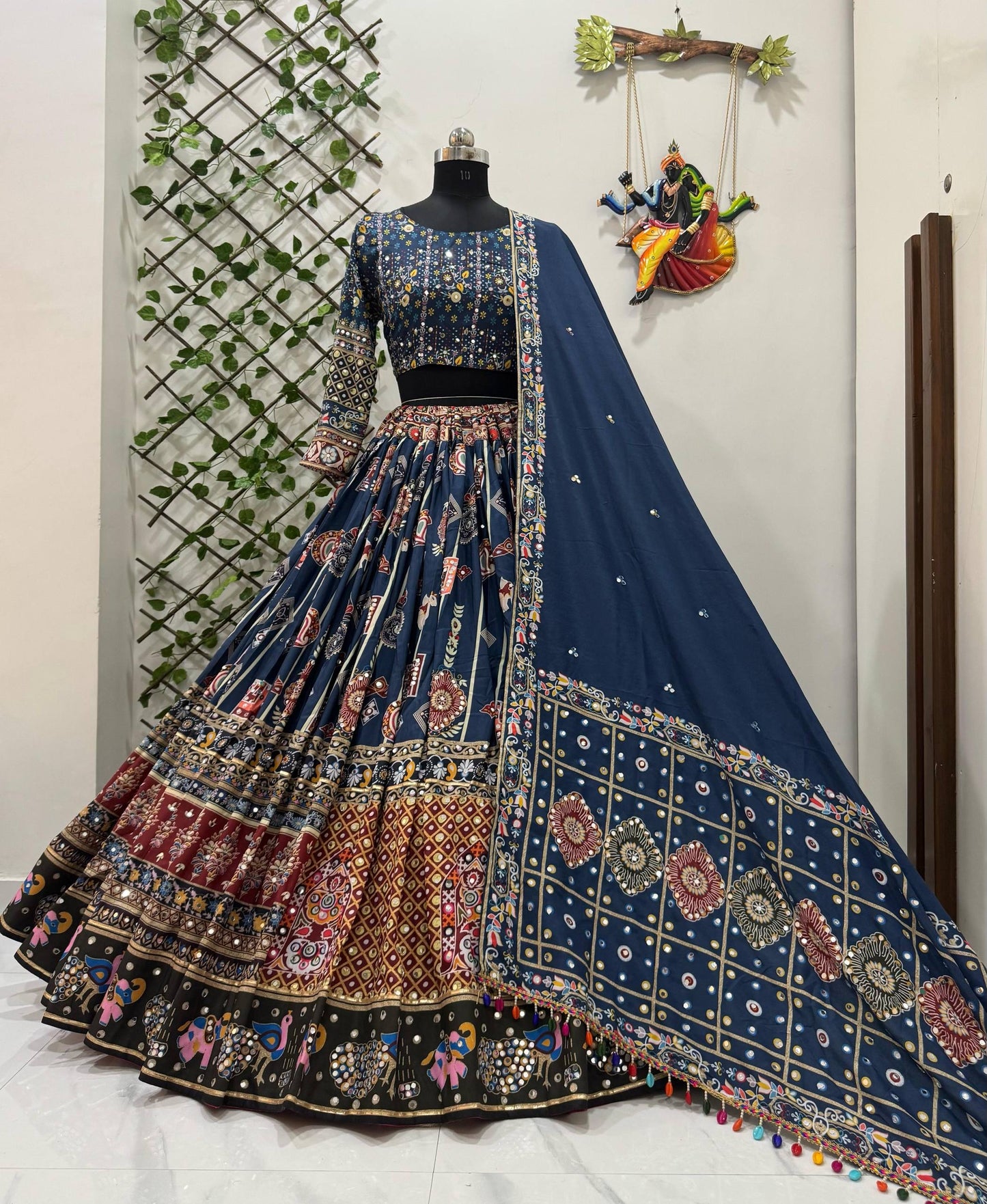 Navratri Special Premium Heavy Muslin Cotton Lehenga with Digital Print, Real Mirror Work & Gotapatti Lace
