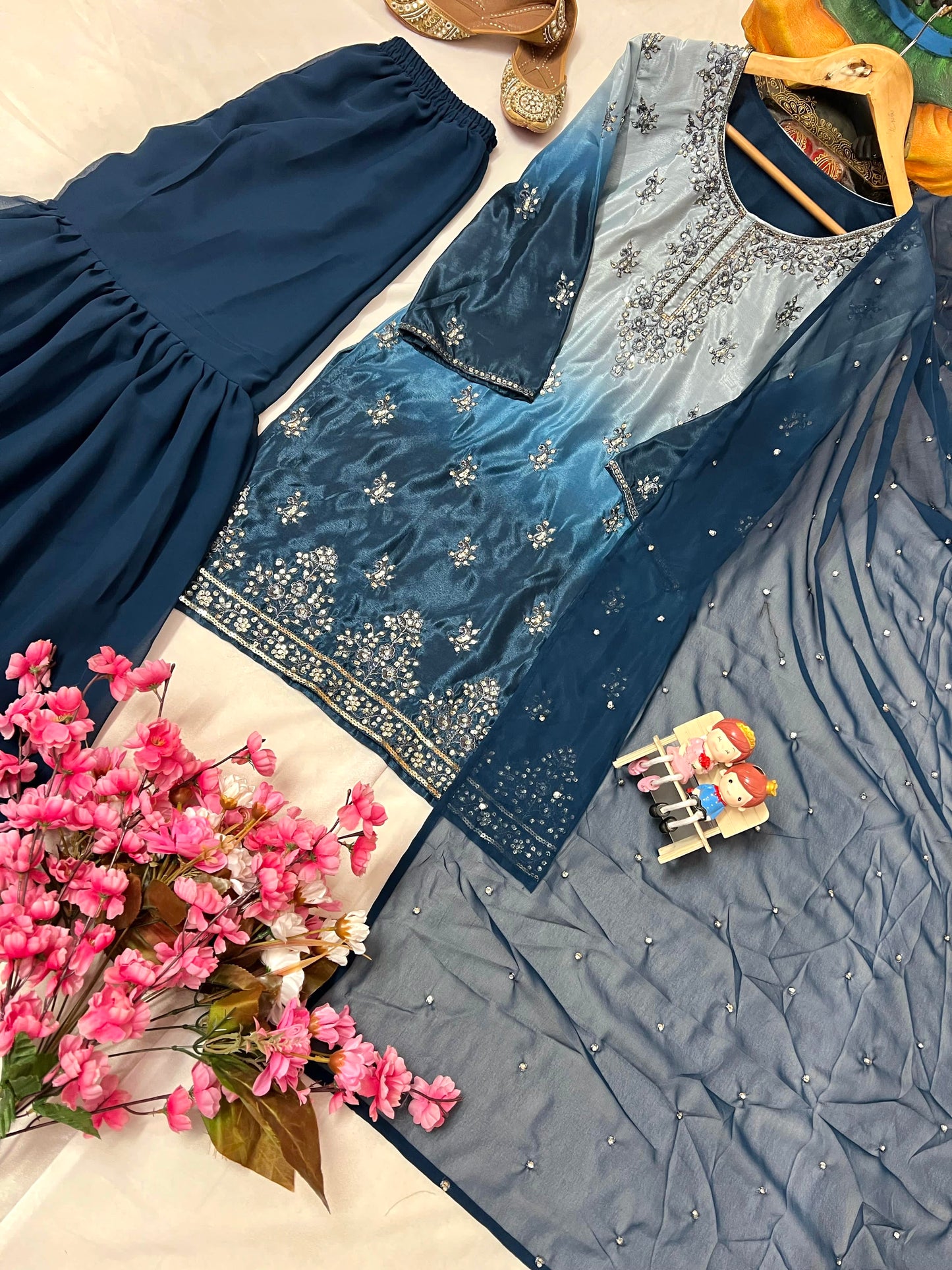 Chinon Silk Kurti & Ruffled Sharara Set with Sequin Embroidery - LC 1370