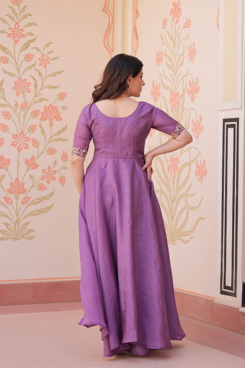Premium Readymade Designer Gold Crush Gown with Beads Embroidery & Umbrella Flair