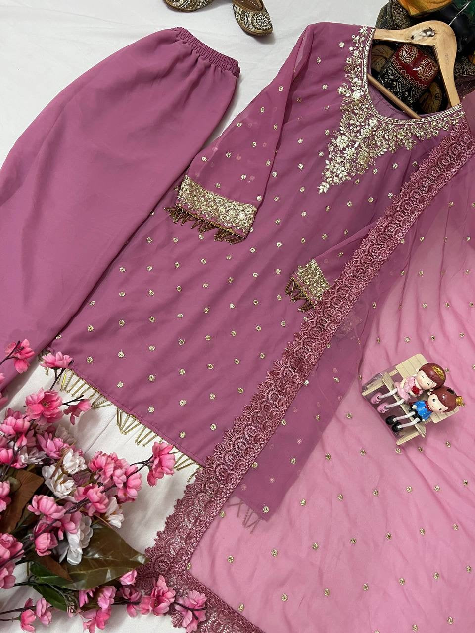 Georgette Kurti Pant Set with Sequin & Zari Embroidery - LC 1356