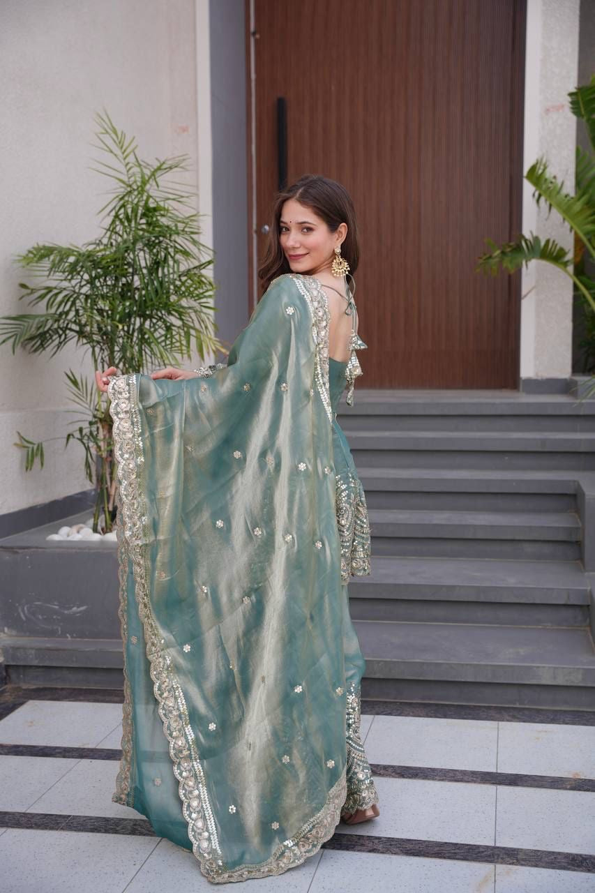 Designer Party Wear Heavy Two Tone Fendy Satin Silk Gown Sharara Set with Embroidery & Real Mirror