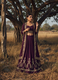 Modern Designer Semi-Bridal Wine Pink Lehenga Choli Set with Stylish Long Shrug in Premium Star Georgette Fabric for Wedding & Festive Wear