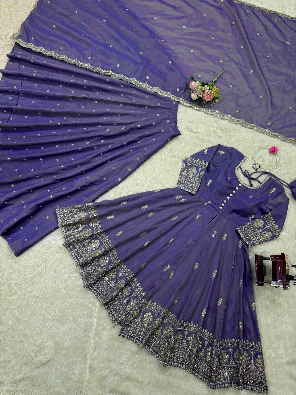 Designer Shimmer Silk Suit & Lehenga Set with Thread & Sequence Work