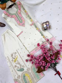 Black & White Kurti Palazzo Set in premium chinon silk fabric with multy color thread Embroidery work