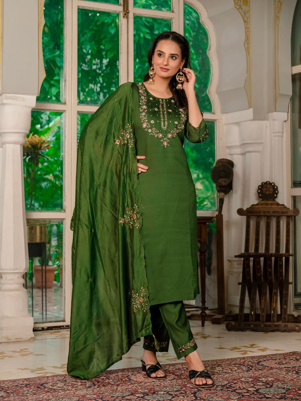 Elegant Marina Silk Straight Kurti Pant Dupatta Set with Multi Embroidery & Hand Work