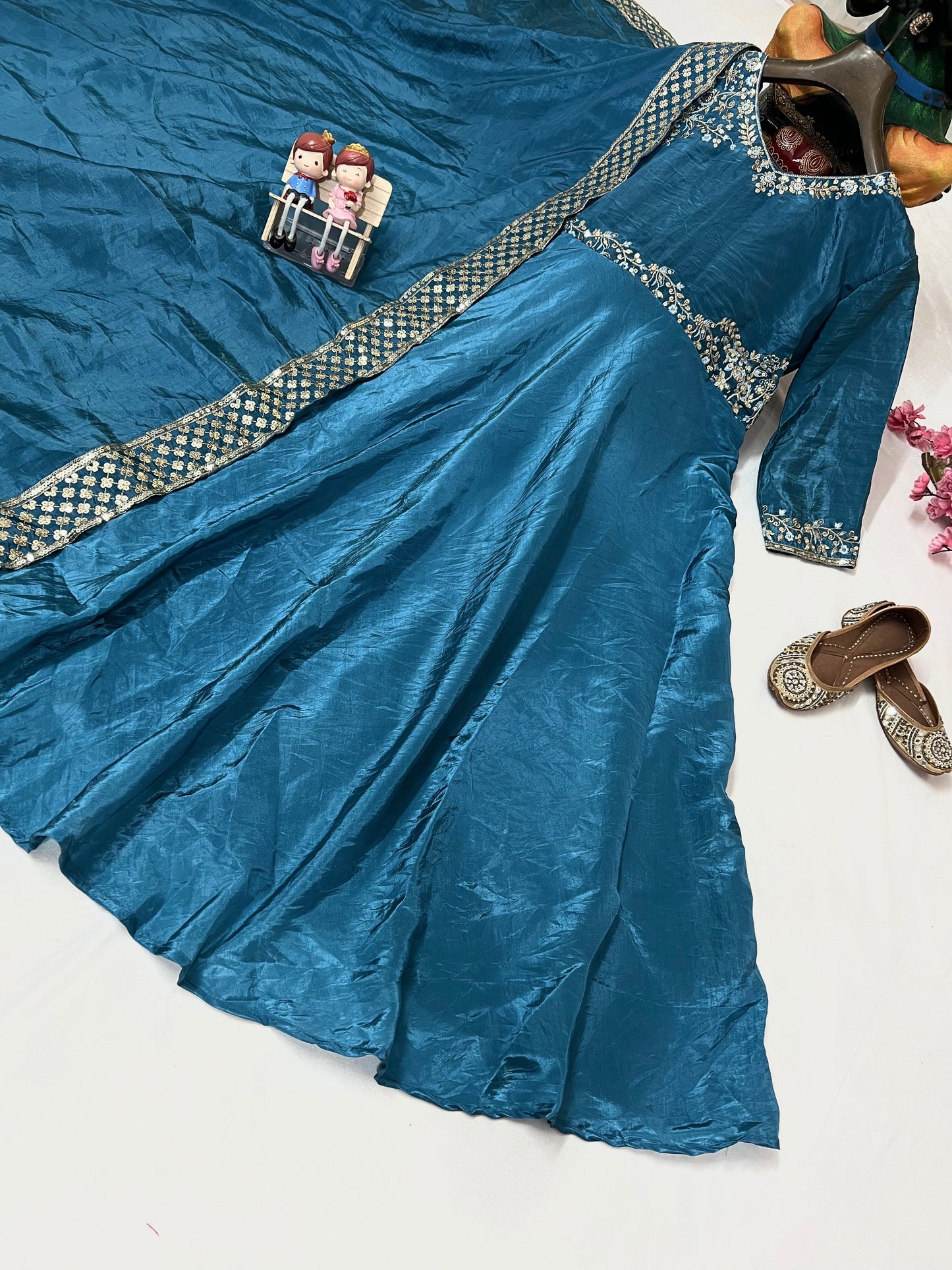 Gold Crushed Silk Gown with Thread & Sequin Embroidery - VF 206