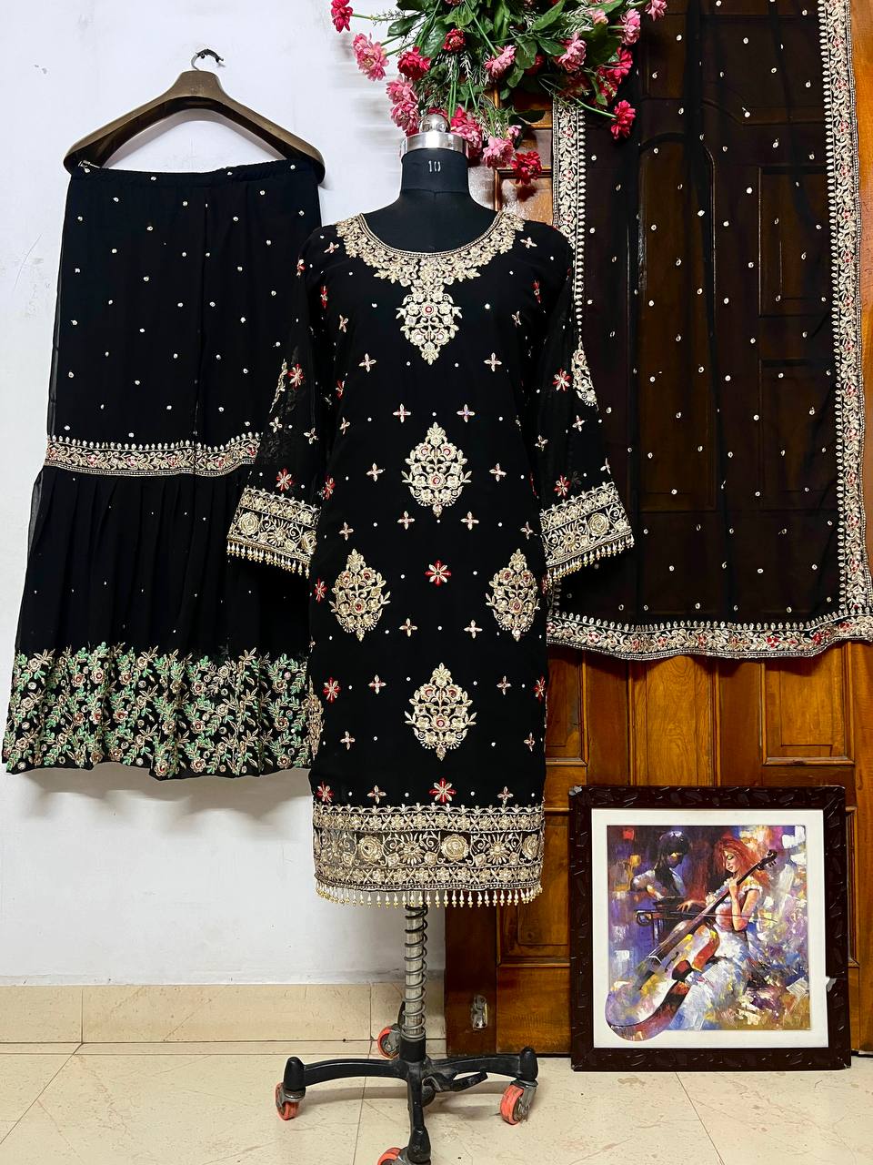 Georgette Long Kurti with Embroidered Sharara Set - LC 1242