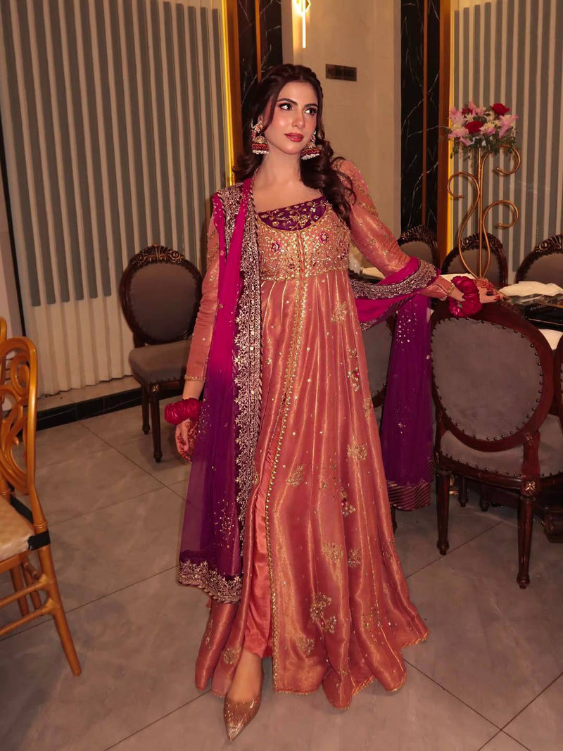 Elegant anarkali gown set in premium heavy tissue silk
