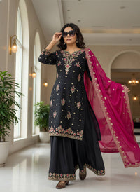 Trending & elegant embroidered kurti & flared palazzo suit in white-maroon & black-pink color combo