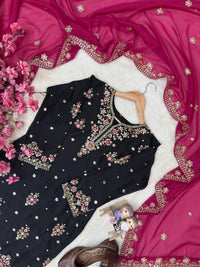 Trending & elegant embroidered kurti & flared palazzo suit in white-maroon & black-pink color combo