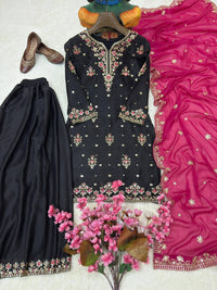 Trending & elegant embroidered kurti & flared palazzo suit in white-maroon & black-pink color combo