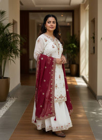 Trending & elegant embroidered kurti & flared palazzo suit in white-maroon & black-pink color combo