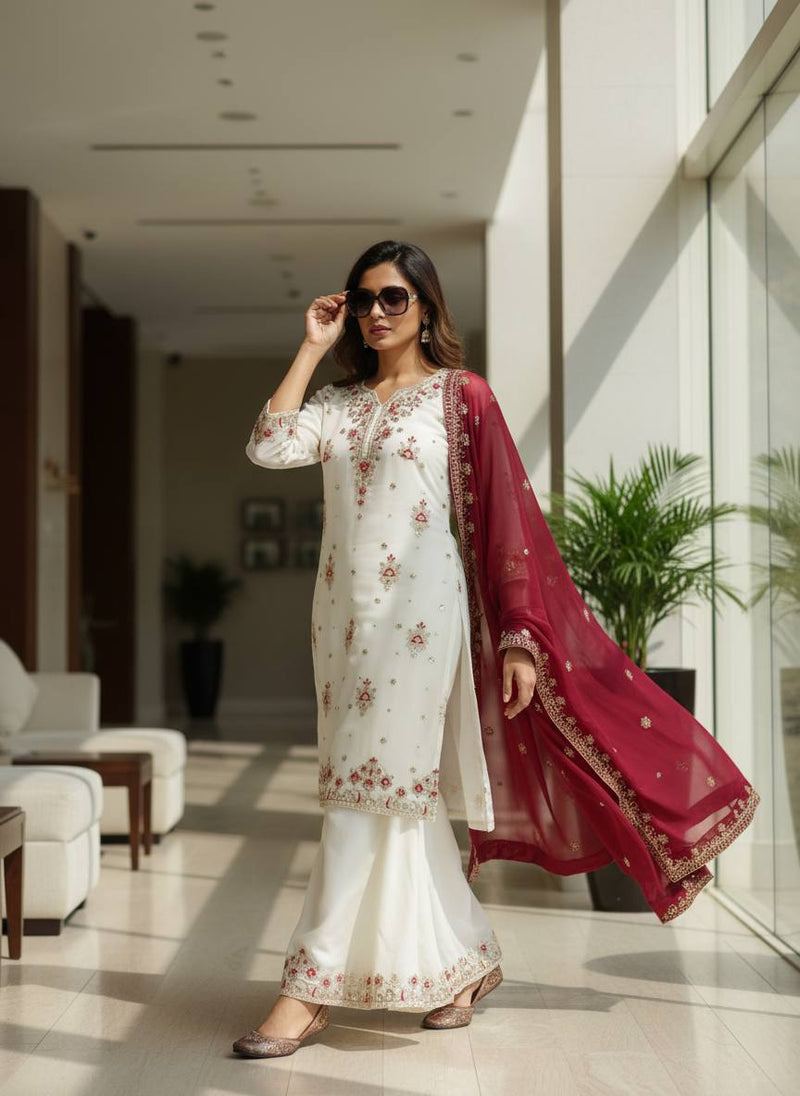 Trending & elegant embroidered kurti & flared palazzo suit in white-maroon & black-pink color combo