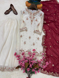 Trending & elegant embroidered kurti & flared palazzo suit in white-maroon & black-pink color combo