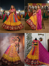 Vibrant yellow color Real Mirror Work Navratri Lehenga With Elegant Pink Color Dupatta
