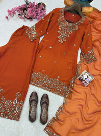 Designer Kurti-Palazzo set in premium moss tissue silk