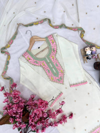 Black & White Kurti Palazzo Set in premium chinon silk fabric with multy color thread Embroidery work