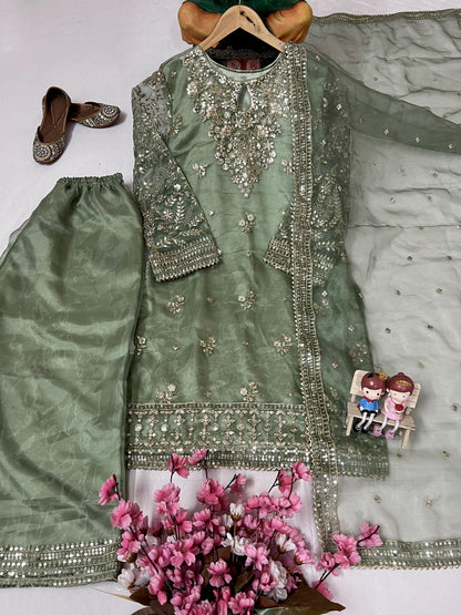 Organza Silk Kurti Palazzo Set with Zari & Sequin Embroidery - LC 1371