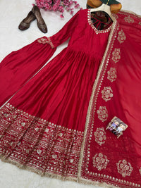 Festive Red Anarkali Gown In Chinon Silk fabric,featuring 5mm Sequin Work and Intricate Floral Embroidery