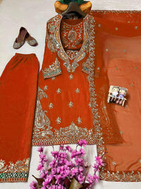 Stylish 4-pis kurti palazzo set in premium chinon silk fabric, in 4 amazing colors