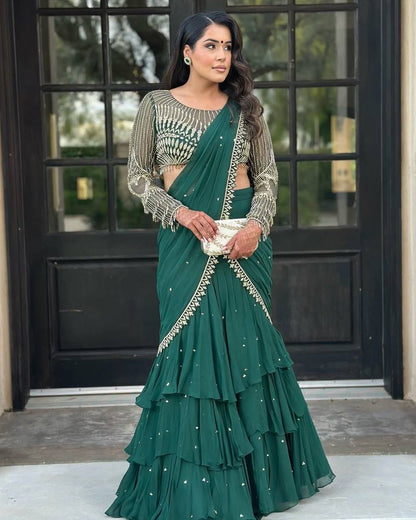 Ready To Wear Ruffle Lehenga Saree with Full Sleeve Blouse - FFLG-1954