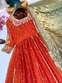 Beautiful Long Anarkali Gown in a-one quality simar-tissue silk fabric
