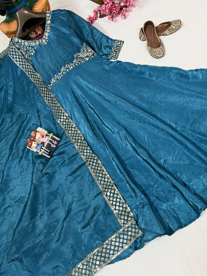 Gold Crushed Silk Gown with Thread & Sequin Embroidery - VF 206
