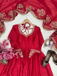 Festive Red Anarkali Gown In Chinon Silk fabric,featuring 5mm Sequin Work and Intricate Floral Embroidery