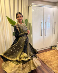 Beautiful mehendi green colored Indo-western set in premium chinon silk fabric (kediya style kurti with Lehenga choli)