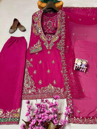 Stylish 4-pis kurti palazzo set in premium chinon silk fabric, in 4 amazing colors