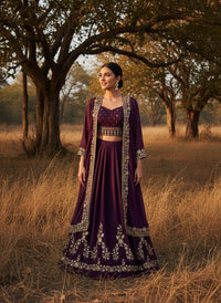 Modern Designer Semi-Bridal Wine Pink Lehenga Choli Set with Stylish Long Shrug in Premium Star Georgette Fabric for Wedding & Festive Wear