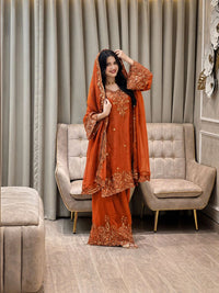Designer Kurti-Palazzo set in premium moss tissue silk
