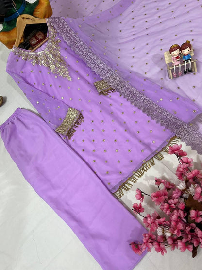Georgette Kurti Pant Set with Sequin & Zari Embroidery - LC 1356