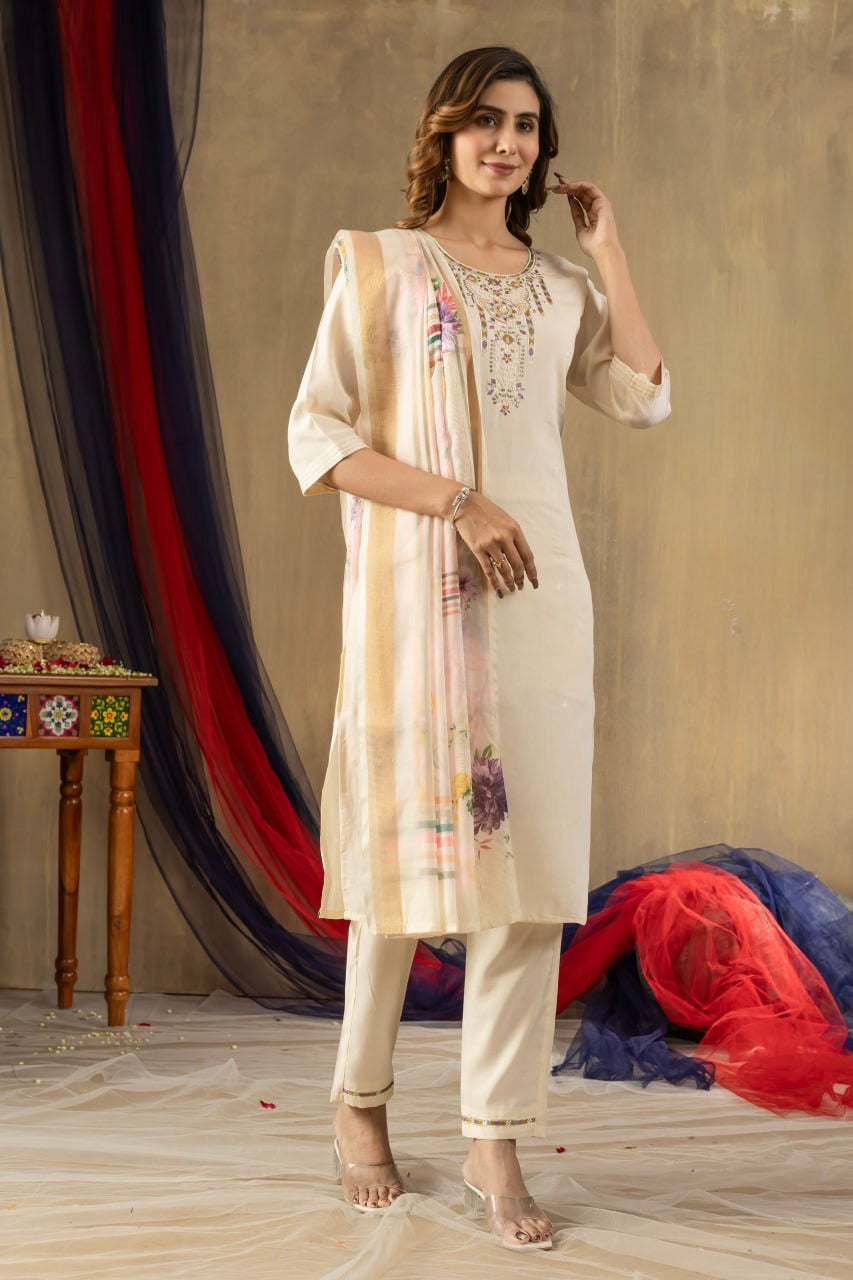 Elegant Shimmer Gold Silk Straight Kurti Pant Set with Multi Embroidery - FFdiva 109