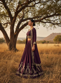 Modern Designer Semi-Bridal Wine Pink Lehenga Choli Set with Stylish Long Shrug in Premium Star Georgette Fabric for Wedding & Festive Wear