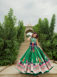 Sea Green Navratri Lehenga Choli for Women – Fusion Style, Real Mirror Work, Digital Print, 4 Meter Flair, Soft Muslin Cotton Garba & Dandiya Outfit