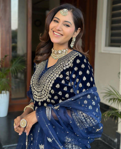 Lc 1409- Two tone blue colour velvet suit